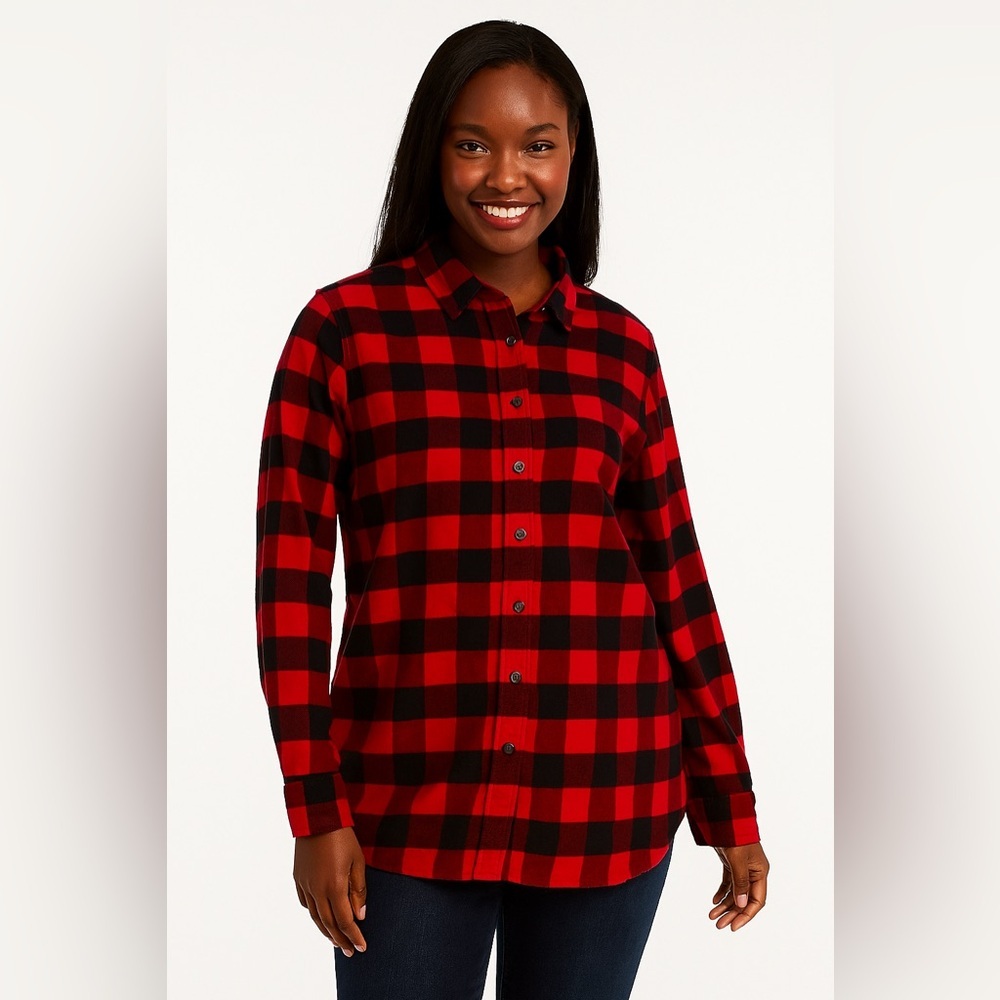 Lands End Women’s Red Black Plaid Flannel Button Down Shirt Size 16P